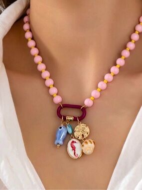 Pink Beaded Coastal Charm Necklace Seahorse Shell Fish